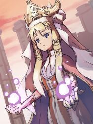 1girl blonde_hair blue_eyes crown elicia_(luminous_arc_2) fingerless_gloves gloves glowing highres lao_ren_xing long_sidelocks luminous_arc luminous_arc_2 magic open_mouth pink_robe pink_sky robe sketch sky solo white_veil