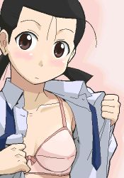 Rule 34 | 00s, 1girl, black hair, blush, bow, bow bra, bra, breasts, brown eyes, close-up, embarrassed, flat chest, lili stecchin, lingerie, lowres, necktie, oekaki, open clothes, open shirt, pumpkin scissors, shirt, short hair, short twintails, small breasts, solo, twintails, underwear, undressing, youkan