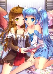 Rule 34 | 2girls, agrt, bad id, bad pixiv id, bare shoulders, blue eyes, blue hair, blush, brown hair, cross, dress, flower, hand on another&#039;s knee, highres, multiple girls, one eye closed, open mouth, sitting, skirt, smile, sword girls, symbol-shaped pupils, twintails, yellow eyes, yuri