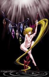 Rule 34 | 1girl, absurdly long hair, absurdres, aged up, barefoot, blonde hair, breasts, embodiment of scarlet devil, female focus, flandre scarlet, highres, laevatein, long hair, nude, polearm, red eyes, scrap iron, side ponytail, small breasts, solo, spear, touhou, very long hair, weapon