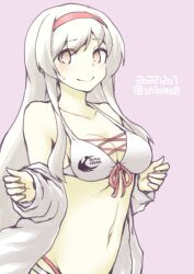 Rule 34 | 1girl, akara kai, bikini, breasts, brown eyes, cleavage, clothes writing, dated, grey background, hairband, highres, jacket, kantai collection, long hair, looking at viewer, medium breasts, one-hour drawing challenge, red hairband, shoukaku (kancolle), solo, swimsuit, twitter username, upper body, white bikini, white hair, white jacket