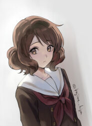 Rule 34 | 1girl, artist name, brown eyes, brown hair, brown serafuku, brown shirt, commentary request, hibike! euphonium, kitauji high school uniform, kiya hajime, long sleeves, neckerchief, oumae kumiko, red neckerchief, sailor collar, school uniform, serafuku, shirt, short hair, solo, twitter username, watermark, white sailor collar, winter uniform