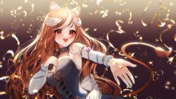 Rule 34 | 1girl, 2nii, absurdres, animal ears, black background, blue dress, breasts, brown eyes, brown hair, commentary, detached sleeves, dress, english commentary, flower, halter dress, halterneck, hazumi aileen, head wings, highres, holding, holding microphone, indie virtual youtuber, lion ears, lion girl, medium breasts, microphone, open hand, outstretched arm, purple flower, purple rose, rose, second-party source, smile, solo, streamers, tiara, virtual youtuber, wings