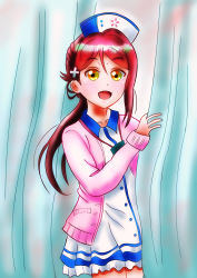 Rule 34 | 1girl, absurdres, artist name, artist request, blush, cardigan, collared shirt, cross hair ornament, curtain grab, curtains, female focus, flower, hair ornament, hat, highres, jacket, long hair, long sleeves, looking at viewer, love live!, love live! school idol festival, love live! sunshine!!, low ponytail, nurse, nurse cap, open cardigan, open clothes, pink cardigan, pink jacket, red hair, sakurauchi riko, shirt, short sleeves, skirt, solo, white shirt, white skirt, wind, yellow eyes, yoshikamyu