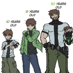 Rule 34 | 1boy, age comparison, age progression, aged up, beard, ben 10, ben tennyson, brown hair, cargo pants, character age, creatures (company), darent z, facial hair, game freak, green eyes, green jacket, grey hair, hand in pocket, highres, holding, holding poke ball, jacket, looking at viewer, nintendo, omnitrix, open clothes, open jacket, pants, poke ball, poke ball (basic), pokemon, shirt, short hair, simple background, t-shirt, twitter username, white background