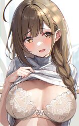 Rule 34 | 1girl, ahoge, blush, braid, braided ponytail, breasts, breasts apart, brown hair, embroidered bra, hair over shoulder, highres, idolmaster, idolmaster shiny colors, kuwayama chiyuki, large breasts, lifting own clothes, looking at viewer, ribbed sweater, shiitake taishi, side ponytail, smile, solo, sweater, upper body, white sweater