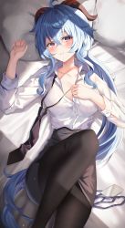 Rule 34 | 1girl, alternate costume, black necktie, black pantyhose, black skirt, blue hair, blush, breasts, collared shirt, dress shirt, ganyu (genshin impact), genshin impact, goat horns, gradient eyes, highres, horns, knee up, lanyard, large breasts, legs, long hair, looking at viewer, lying, multicolored eyes, necktie, unworn necktie, office lady, on back, pantyhose, parted lips, partially unbuttoned, pencil skirt, purple eyes, shirt, shirt tucked in, sidelocks, skirt, sleeves rolled up, solo, sunlight, surrender (surren2019), thighs, white shirt