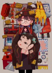 Rule 34 | 1girl, absurdres, artist name, bad id, bad pixiv id, badge, boombox, brown hair, button badge, chinese clothes, commentary request, cowboy shot, earrings, closed eyes, facing viewer, figure, glasses, hat, highres, holding, holding mask, jewelry, lantern, mask, merchant, original, paper lantern, price tag, qingdai guanmao, round eyewear, rubber chicken, shop, short hair, sign, sorata123, tassel, tassel earrings, trash can, warning sign, wide sleeves
