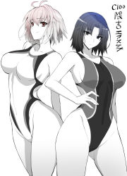 Rule 34 | 2girls, ahoge, arcueid brunestud, bare shoulders, blush, breasts, collarbone, competition swimsuit, covered navel, greyscale, highleg, highleg swimsuit, kara no kyoukai, kumakichi (cost-lost), large breasts, looking at viewer, monochrome, multiple girls, one-piece swimsuit, parted bangs, ryougi shiki, short hair, smile, swimsuit, thighs, tsukihime