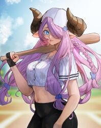 Rule 34 | 1girl, backwards hat, baseball bat, baseball cap, baseball uniform, black gloves, black leggings, blue eyes, braid, breasts, blowing bubbles, butterfly hair ornament, buttons, chewing gum, commentary, commission, crop top, day, demon horns, draph, english commentary, fingernails, gloves, granblue fantasy, hair ornament, hair over one eye, hair through headwear, hairclip, hat, highres, horns, hymin, large breasts, leggings, long hair, midriff, narmaya (granblue fantasy), navel, partially fingerless gloves, pointy ears, purple hair, purple nails, short sleeves, side braid, single braid, single glove, solo, sportswear