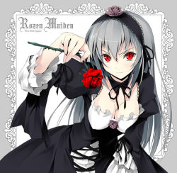 Rule 34 | 00s, 1girl, breasts, cleavage, covered erect nipples, flower, kantoku, large breasts, red eyes, rose, rozen maiden, slit pupils, solo, suigintou