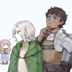 Rule 34 | 1girl, 2boys, armor, bags under eyes, black eyes, black hair, blonde hair, blue eyes, chainmail, chinese commentary, cloak, commentary, curly hair, dark-skinned male, dark skin, doll, dungeon meshi, elf, english commentary, glaring, gorget, green cloak, grey hair, highres, holding, hood, hooded cloak, hugging doll, hugging object, kabru, leather armor, long hair, long sleeves, low-tied sidelocks, milsiril (dungeon meshi), mithrun, mother and son, multiple boys, notched ear, pauldrons, pointy ears, shirt, short hair, shoulder armor, simple background, single pauldron, tryton0104, tunic, wavy hair, white background