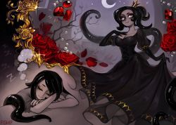 Rule 34 | 1girl, absurdres, artist name, black dress, black gloves, black hair, black nails, breasts, colored sclera, colored skin, commentary, crescent moon, crown, dreaming, dress, elbow gloves, english commentary, closed eyes, flower, gem, gloves, grey sclera, grey skin, hair up, hand on own chest, highres, leech queen (matilda fiship), long dress, looking away, matilda fiship, medium breasts, mini crown, monster girl, moon, nail polish, original, pearl (gemstone), puffy short sleeves, puffy sleeves, red flower, red gemstone, red rose, rose, short sleeves, skirt hold, sleeping, smile, tail, tentacle hair, v-shaped eyebrows, white eyes, zzz