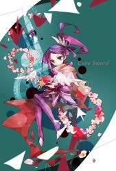 Rule 34 | 1girl, arm warmers, asymmetrical clothes, boots, brooch, character name, cure sword, detached sleeves, dokidoki! precure, dress, earrings, english text, expressionless, hair ornament, heart, heart brooch, high heels, jewelry, kenzaki makoto, magical girl, ponytail, precure, purple dress, purple eyes, purple footwear, purple hair, purple skirt, purple thighhighs, ribbon, scarf, short hair, side ponytail, skirt, solo, spade (shape), spade earrings, thigh boots, thighhighs, w00p