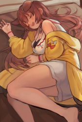 Rule 34 | 1girl, alternate hair length, alternate hairstyle, animal ears, bare legs, barefoot, bone hair ornament, breasts, brown hair, choker, cleavage, closed eyes, commentary, dog ears, dog girl, dog tail, dress, ghost7212kd, hair down, hair ornament, highres, hololive, inugami korone, inugami korone (1st costume), jacket, long hair, lying, medium breasts, off shoulder, on side, open clothes, open jacket, open mouth, red choker, short dress, sleeping, sleeveless, sleeveless dress, smile, solo, tail, thighs, virtual youtuber, white dress, wristband, yellow jacket