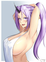 Rule 34 | 1girl, absurdres, adjusting hair, apron, armpits, arms behind head, arms up, blush, breasts, castell, cleavage, covered erect nipples, highres, large breasts, long hair, looking at viewer, nail polish, naked apron, open mouth, parted bangs, ponytail, purple eyes, purple hair, purple nails, shion (tensei shitara slime datta ken), sideboob, smile, solo, tensei shitara slime datta ken, upper body, white apron