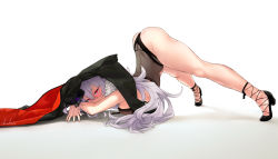 Rule 34 | 1girl, artist name, ass, azur lane, black coat, black footwear, black one-piece swimsuit, blush, breasts, clothing cutout, coat, darksin, female focus, fur-trimmed coat, fur trim, graf zeppelin (azur lane), graf zeppelin (beachside urd) (azur lane), highres, impossible clothes, impossible swimsuit, jack-o&#039; challenge, large breasts, light purple hair, long hair, looking at viewer, navel cutout, official alternate costume, one-piece swimsuit, red eyes, shoes, simple background, solo, swimsuit, top-down bottom-up, very long hair, white background