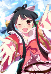 Rule 34 | 1girl, alternate hairstyle, belt, black hair, blush, bow, brown eyes, hair bow, hime cut, houraisan kaguya, japanese clothes, kimono, nurupo (abooon), one eye closed, open mouth, outstretched arms, ponytail, reaching, reaching towards viewer, solo, touhou, wide sleeves