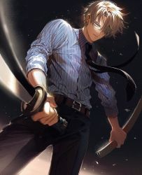 Rule 34 | 1boy, belt, belt buckle, black necktie, black pants, blonde hair, blue eyes, blue shirt, brown belt, buckle, closed mouth, hair over one eye, holding, holding sheath, holding sword, holding weapon, male focus, necktie, one eye covered, one piece, pants, runa (nori31291404), sanji (one piece), sheath, shirt, short hair, sleeves rolled up, solo, striped clothes, striped shirt, sword, weapon