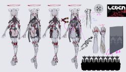 Rule 34 | 1girl, absurdres, character sheet, crymachina, double bun, hair bun, halo, highres, leben distel (crymachina), long hair, mechanical arms, mechanical legs, official art, red eyes, red halo, robot girl, rolua, second-party source, twintails, very long hair, white hair