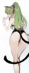 Rule 34 | 1girl, animal ears, ass, back, bare shoulders, breasts, c.c., cat ears, cat tail, code geass, creayus, green hair, highres, kittysuit, leotard, letter, long hair, long legs, nontraditional playboy bunny, playboy bunny, ponytail, simple background, solo, tail, white background, wrist cuffs, yellow eyes