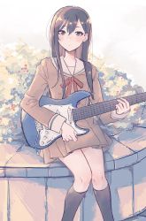Rule 34 | 1girl, bad id, bad twitter id, bang dream!, black socks, blush, brown dress, brown hair, bush, closed mouth, day, dress, electric guitar, expressionless, feet out of frame, fender stratocaster, green eyes, guitar, hair between eyes, hanasakigawa school uniform, hanazono tae, highres, holding, holding instrument, instrument, kneehighs, long hair, long sleeves, looking at viewer, neck ribbon, outdoors, pleated dress, red ribbon, ribbon, sailor collar, sailor dress, school uniform, shiontaso, sidelocks, sitting, socks, solo, white sailor collar
