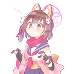 Rule 34 | 1girl, animal ear fluff, animal ears, bandaged arm, bandages, black gloves, blue archive, blue sailor collar, blush, brown hair, cherry blossoms, closed mouth, floral print, fox ears, fox girl, fox mask, gloves, hair ornament, halo, izuna (blue archive), kyuuri (miyako), makeup, mask, neckerchief, partially fingerless gloves, petal on face, petal on nose, petals, pink neckerchief, pink scarf, sailor collar, scarf, school uniform, serafuku, short hair, simple background, solo, upper body, white background, yellow eyes
