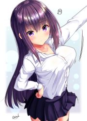 Rule 34 | 1girl, ?, breasts, cleavage, collarbone, collared shirt, cowboy shot, dress shirt, hair between eyes, hand on own hip, highres, long hair, medium breasts, mokufuu, original, outstretched arm, pleated skirt, purple eyes, purple hair, purple skirt, shirt, sidelocks, signature, skirt, solo, spoken question mark, very long hair, white shirt
