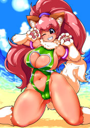 Rule 34 | 1girl, animal ears, animal hands, bare legs, bare shoulders, beach, breasts, cat ears, cat girl, cat tail, cleavage, cleavage cutout, cleft of venus, clothing cutout, curvy, female focus, happy, heart cutout, highleg, highleg leotard, highres, large breasts, leotard, long hair, looking at viewer, one eye closed, partially visible vulva, paw print, perisie (star ocean), pink hair, ponytail, red eyes, ryoi, shiny clothes, shiny skin, simple background, smile, solo, star ocean, star ocean first departure, tail, thick thighs, thighs, thong leotard, very long hair, wink