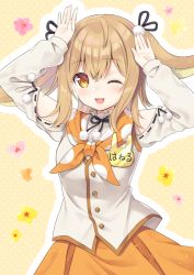 Rule 34 | 1girl, nanashi inc., ;d, animare, arms up, black ribbon, blush, brown background, brown eyes, brown hair, commentary request, floral background, hair between eyes, hair ornament, hair ribbon, inaba haneru (animare), jacket, long hair, long sleeves, looking at viewer, one eye closed, open mouth, orange eyes, orange skirt, outline, pleated skirt, polka dot, polka dot background, ribbon, shirt, skirt, sleeves past wrists, smile, solo, sumisaki yuzuna, virtual youtuber, white jacket, white outline, white shirt