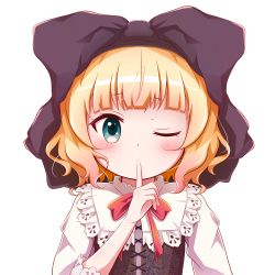 Rule 34 | 1girl, black bow, black dress, blonde hair, blush, bow, commentary request, dress, finger to mouth, gochuumon wa usagi desu ka?, goth risuto, green eyes, hair bow, hand up, kirima syaro, long sleeves, looking at viewer, one eye closed, red bow, shirt, shushing, simple background, solo, upper body, white background, white shirt