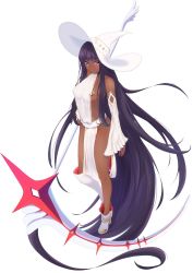 Rule 34 | 1girl, artist request, bare shoulders, boots, cacus (destiny child), dark-skinned female, dark skin, destiny child, elbow gloves, gloves, hat, heterochromia, high heels, highres, knee boots, long hair, purple hair, revealing clothes, scythe, white background, witch hat