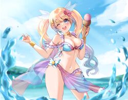 Rule 34 | 1girl, ;d, absurdres, bikini, blonde hair, blue bikini, blue eyes, blue hair, blush, breasts, cleavage, contrapposto, curvy, flower, food, frilled bikini, frilled bikini top, frills, gradient hair, groin, hair flower, hair ornament, head wings, highleg, highleg bikini, highres, holding, holding ice cream cone, ice cream, ice cream cone, indie virtual youtuber, jewelry, looking at viewer, medium breasts, mia mikhail, mia mikhail (vtuber), multi-strapped bikini top, multicolored hair, narrow waist, navel, neck ring, ocean, one eye closed, open mouth, purple sarong, sarong, see-through, see-through sarong, self-portrait, sidelocks, smile, solo, stomach, swimsuit, teeth, thick thighs, thighs, twintails, upper teeth only, virtual youtuber, wide hips, wings, wristlet