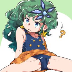 Rule 34 | 1girl, ?, blue eyes, earrings, final fantasy, final fantasy iv, green hair, groin, hair ornament, jewelry, leotard, long hair, looking at viewer, open mouth, rydia (ff4), simple background, solo, spread legs, star (symbol), star earrings, yucopi