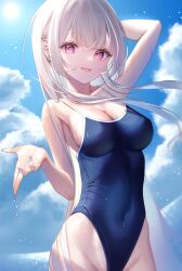 Rule 34 | 1girl, arm up, bare arms, bare shoulders, blue nails, blue one-piece swimsuit, blue sky, breasts, cleavage, cloud, collarbone, competition school swimsuit, cowboy shot, day, ear piercing, grey hair, highres, large breasts, long hair, looking at viewer, nail polish, one-piece swimsuit, original, outdoors, parted lips, piercing, pink eyes, school swimsuit, sky, smile, solo, sun, swimsuit, yayoi (yay0ee)