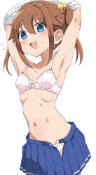 Rule 34 | 1girl, armpits, arms up, blue eyes, blue skirt, blush, bra, breasts, brown hair, commission, flying sweatdrops, high school fleet, highres, misaki akeno, navel, okura-chan (at nya5), open mouth, panties, pleated skirt, simple background, skeb commission, skirt, small breasts, solo, stomach, sweatdrop, twintails, underwear, undressing, unfastened, white background, white bra, white panties