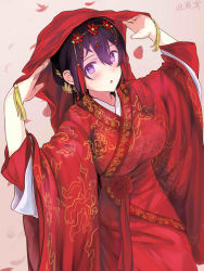 Rule 34 | 1girl, :o, alternate hairstyle, bad id, bad pixiv id, beifeng han, black hair, breasts, bride, chinese clothes, cloud print, dutch angle, floral print, from above, glowing, hair between eyes, hair ornament, hair up, hanfu, highres, japanese clothes, jewelry, kimono, large breasts, long hair, miyaura sanshio, open mouth, original, purple eyes, red kimono, solo, veil, veil lift, wide sleeves