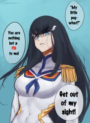 Rule 34 | 1girl, absurdres, bad end, black hair, blue background, blue eyes, breasts, commentary, dress, english commentary, english text, epaulettes, female focus, frown, hair ornament, hairclip, highres, junketsu, kill la kill, kiryuuin satsuki, long hair, looking at viewer, looking down, medium breasts, meme, my little pogchamp (meme), silver queen (silverqueen0), solo, speech bubble, thick eyebrows, twitter username, watermark, white dress
