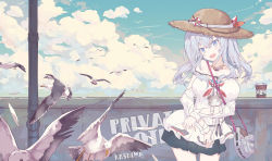 Rule 34 | 10s, 1girl, absurdres, bag, bare shoulders, bird, blue eyes, blue sky, blush, breasts, casual, cloud, commentary request, day, hat, highres, jewelry, kantai collection, kashima (kancolle), large breasts, litsvn, long hair, necklace, open mouth, outdoors, seagull, shoulder bag, silver hair, skirt, sky, smile, solo, straw hat, tsurime, twintails, wavy hair