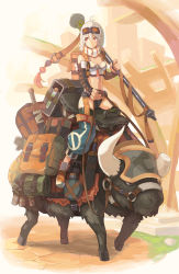 Rule 34 | 1girl, animal, ankle boots, antenna hair, black eyes, boots, breasts, bull, cleavage, dagger, detached sleeves, fantasy, goggles, goggles on head, highres, holding, horns, knife, luggage, midriff, nigoro, original, red eyes, riding, sheath, sheathed, short hair, sitting, small breasts, smile, solo, sword, test tube, weapon, white hair