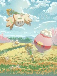 Rule 34 | :d, absurdres, cloud, commentary request, creatures (company), cutiefly, day, drifloon, field, flower, flower field, flying, game freak, gen 4 pokemon, gen 7 pokemon, highres, hisuian lilligant, holding, mokukitusui, nintendo, no humans, open mouth, outdoors, pokemon, pokemon (creature), rowlet, sky, smile, yellow flower