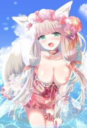 Rule 34 | 1girl, :d, absurdres, animal ears, blue sky, blush, breasts, brown hair, choker, cloud, collarbone, commentary request, day, dress, fang, floral print, flower, fox ears, fox girl, fox tail, frilled dress, frills, hair flower, hair ornament, hair ribbon, highres, innertube, kuriyuzu kuryuu, long hair, looking at viewer, maho (princess connect!), maho (summer) (princess connect!), medium breasts, nipples, open mouth, orange ribbon, outdoors, princess connect!, print dress, purple flower, red choker, red dress, red flower, ribbon, sky, smile, solo, swim ring, tail, very long hair, water
