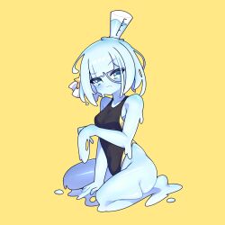 Rule 34 | 1girl, blue eyes, blue hair, colored skin, cross (vgne4542), highres, jelly hoshiumi, monster girl, phase connect, short hair, simple background, slime girl, solo, swimsuit