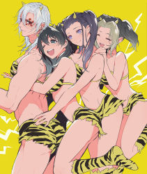 Rule 34 | 1boy, 3girls, ;d, ^ ^, alternate hairstyle, animal print, bikini, black eyes, black hair, blonde hair, boots, breast press, breasts, cleavage, closed eyes, commentary request, crossdressing, electricity, eyelashes, closed eyes, facial mark, feet out of frame, from side, girl sandwich, hair between eyes, hand on another&#039;s shoulder, hinatsuru (kimetsu no yaiba), horns, hug, hug from behind, husband and wife, husband and wives, iwatoko (iwatokko), kimetsu no yaiba, long hair, looking at another, looking back, makio (kimetsu no yaiba), medium hair, mole, mole under eye, multicolored hair, multiple girls, one eye closed, oni horns, open mouth, outstretched arms, polygamy, print bikini, print footwear, purple eyes, red eyes, sandwiched, shoe soles, smile, standing, standing on one leg, strapless, suma (kimetsu no yaiba), swimsuit, tiger print, tiger stripes, twintails, two-tone hair, uzui tengen, white hair, yellow background, yellow bikini