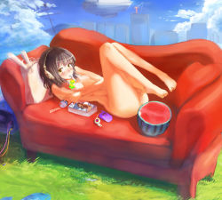 Rule 34 | 1girl, aircraft, bag, barefoot, bird, black hair, blush, book, breasts, brown eyes, cable, casual nudity, cellphone, cellphone charm, cellphone strap, charm (object), cityscape, cloud, couch, day, dirigible, feet, food, fruit, full body, grass, headphones, legs, legs up, lying, nude, nudist, on back, original, outdoors, phone, plantar flexion, red theme, rooftop, short hair, sky, small breasts, solo, spoon, tsukino hp, water, watermelon, wind chime