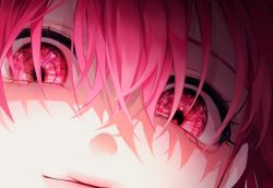 Rule 34 | 1girl, 58 (opal 00 58), close-up, closed mouth, colored sclera, eye focus, eyelashes, glowing, glowing eyes, hair between eyes, head tilt, highres, looking at viewer, multicolored eyes, original, pink eyes, pink hair, pink theme, rotated, smile, solo, staring