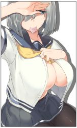 Rule 34 | 10s, 1girl, arm up, black border, black pantyhose, blue eyes, border, breasts, brown pantyhose, collarbone, condom, condom in mouth, covering one eye, hair ornament, hair over one eye, hairclip, hamakaze (kancolle), hand on own chest, hand up, highres, jewelry, kantai collection, kei (soundcross), large breasts, looking at viewer, mouth hold, neckerchief, open clothes, open shirt, pantyhose, pleated skirt, ring, sailor collar, school uniform, serafuku, shading eyes, shirt, short hair, short sleeves, silver hair, simple background, skirt, solo, sweatdrop, upper body, wedding band, white background, white shirt, yellow neckerchief