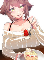 Rule 34 | 10s, 1girl, :d, alternate costume, bad id, bad pixiv id, blush, bra strap, breast rest, breasts, brown hair, cake, cake slice, collarbone, eyebrows, feeding, female focus, food, fork, fruit, green eyes, highres, hohehohe, holding, holding fork, holding plate, incoming food, jewelry, kantai collection, large breasts, mutsu (kancolle), nail polish, off shoulder, open mouth, plate, pov feeding, ribbed sweater, ring, short hair, simple background, smile, solo, strawberry, sweater, table, upper body, white background