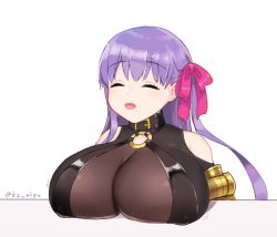 Rule 34 | 10s, 1girl, :d, belt buckle, belt collar, black collar, black shirt, blush, bow, breast rest, breasts, buckle, closed eyes, clothing cutout, collar, covered erect nipples, facing viewer, fate/extra, fate/extra ccc, fate (series), hair bow, huge breasts, kz ripo, long hair, o-ring, o-ring top, open mouth, passionlip (fate), pink bow, purple hair, shirt, shoulder cutout, smile, solo, twitter username, upper body, very long hair, white background
