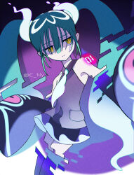 Rule 34 | 1girl, aqua hair, bare shoulders, black thighhighs, c 1ily, creatures (company), detached sleeves, game freak, ghost, ghost miku (project voltage), glitch, grey shirt, hair between eyes, hatsune miku, highres, long hair, necktie, nintendo, pale skin, pokemon, project voltage, see-through, see-through skirt, shirt, skirt, sleeves past fingers, sleeves past wrists, thighhighs, twintails, very long hair, vocaloid, will-o&#039;-the-wisp (mythology), yellow eyes